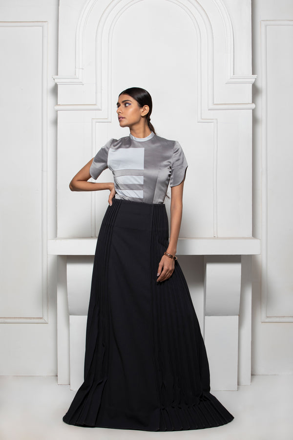 GREY MONOTONE COLOUR BLOCK GOWN WITH PINTUCK SKIRT DETAILS - siddhantagrawal