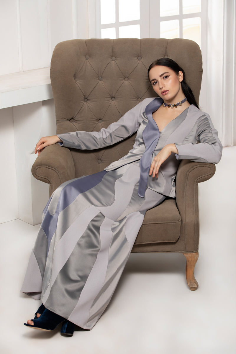 GREY MONOTONE SATIN COLOUR BLOCK SKIRT - siddhantagrawal