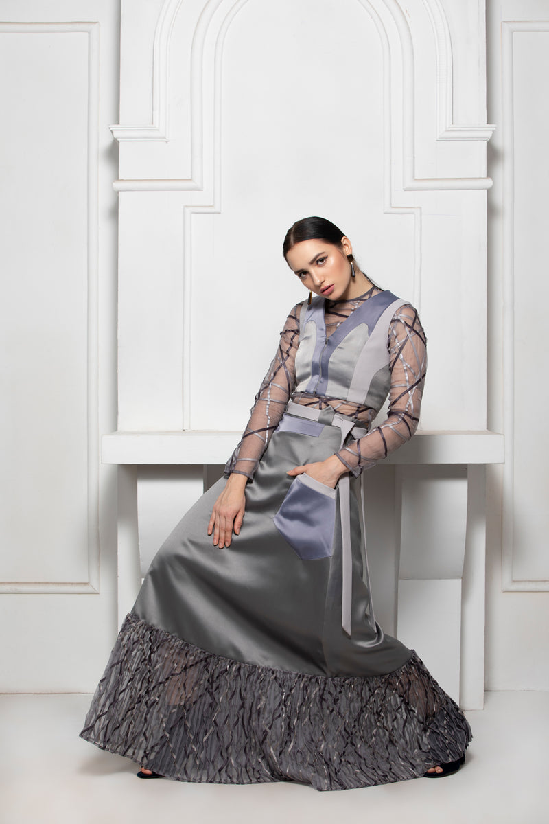 GREY MONOTONE POCKET BELT SKIRT WITH SATIN TEXTILE PINTUCK ORGANZA DETAIL - siddhantagrawal