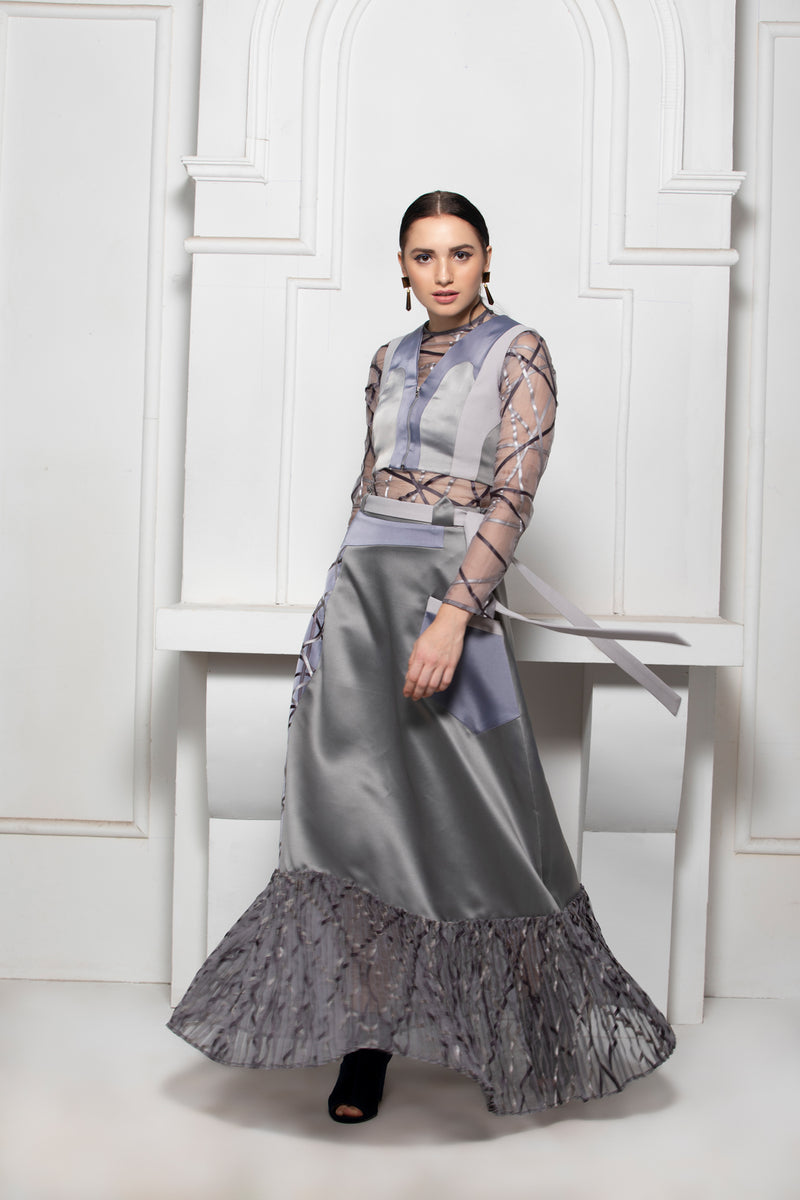 GREY MONOTONE POCKET BELT SKIRT WITH SATIN TEXTILE PINTUCK ORGANZA DETAIL - siddhantagrawal