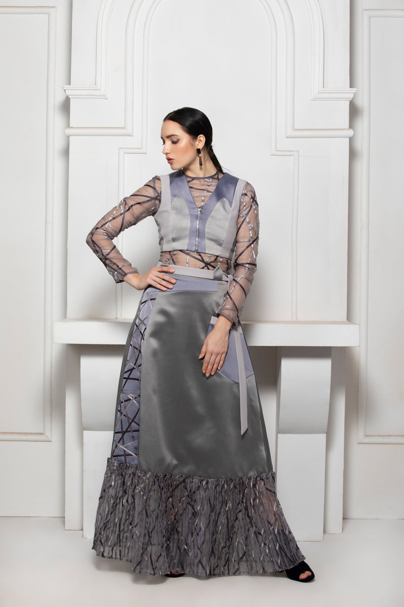 GREY MONOTONE POCKET BELT SKIRT WITH SATIN TEXTILE PINTUCK ORGANZA DETAIL - siddhantagrawal