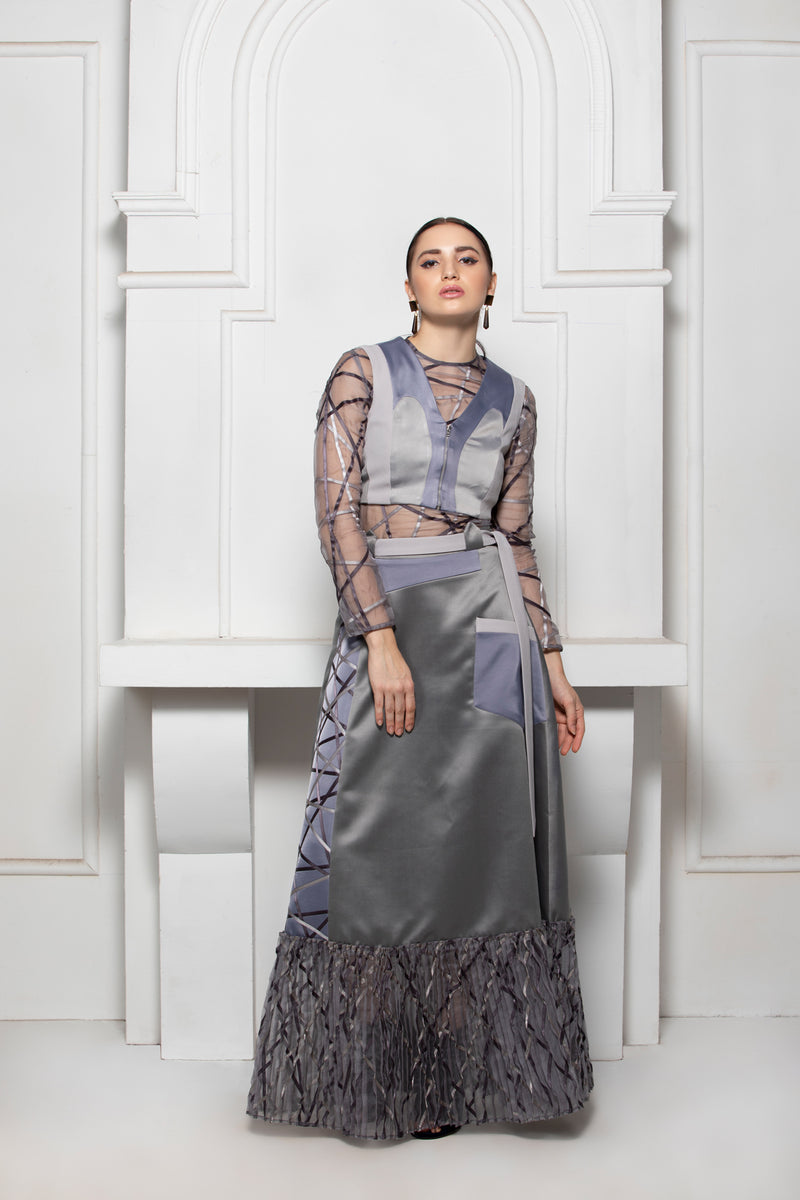 GREY MONOTONE POCKET BELT SKIRT WITH SATIN TEXTILE PINTUCK ORGANZA DETAIL - siddhantagrawal