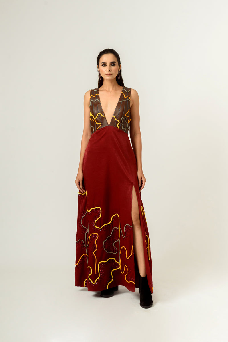 Low Neckline Leather Embroidered Gown - siddhantagrawal