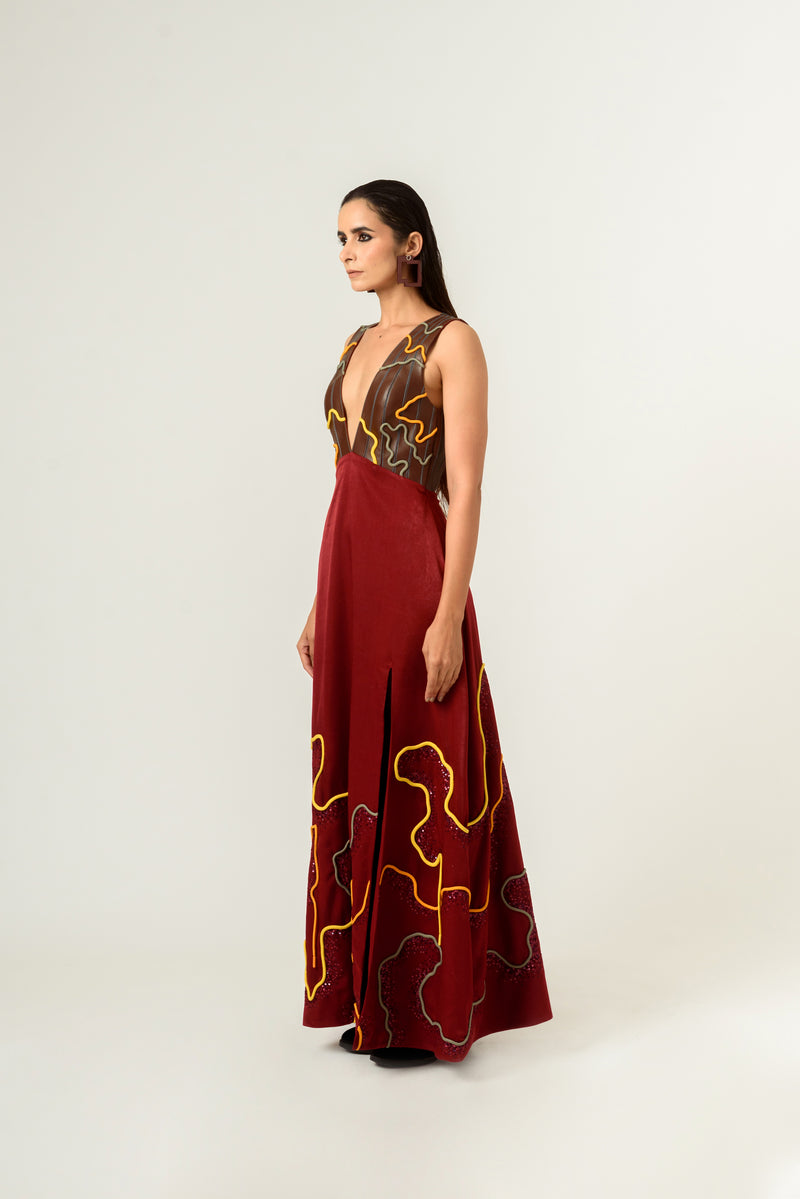 Low Neckline Leather Embroidered Gown - siddhantagrawal
