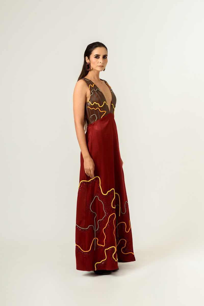 Low Neckline Leather Embroidered Gown - siddhantagrawal