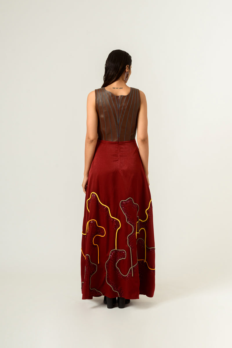 Low Neckline Leather Embroidered Gown - siddhantagrawal