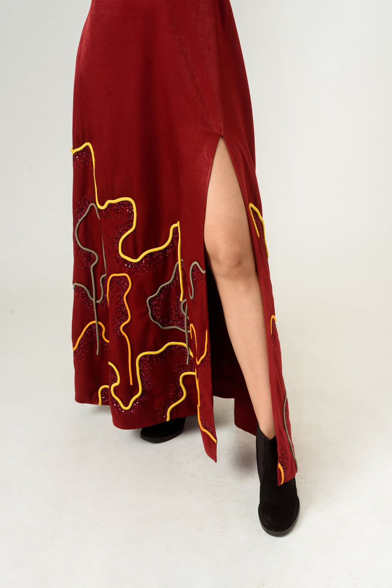 Low Neckline Leather Embroidered Gown - siddhantagrawal