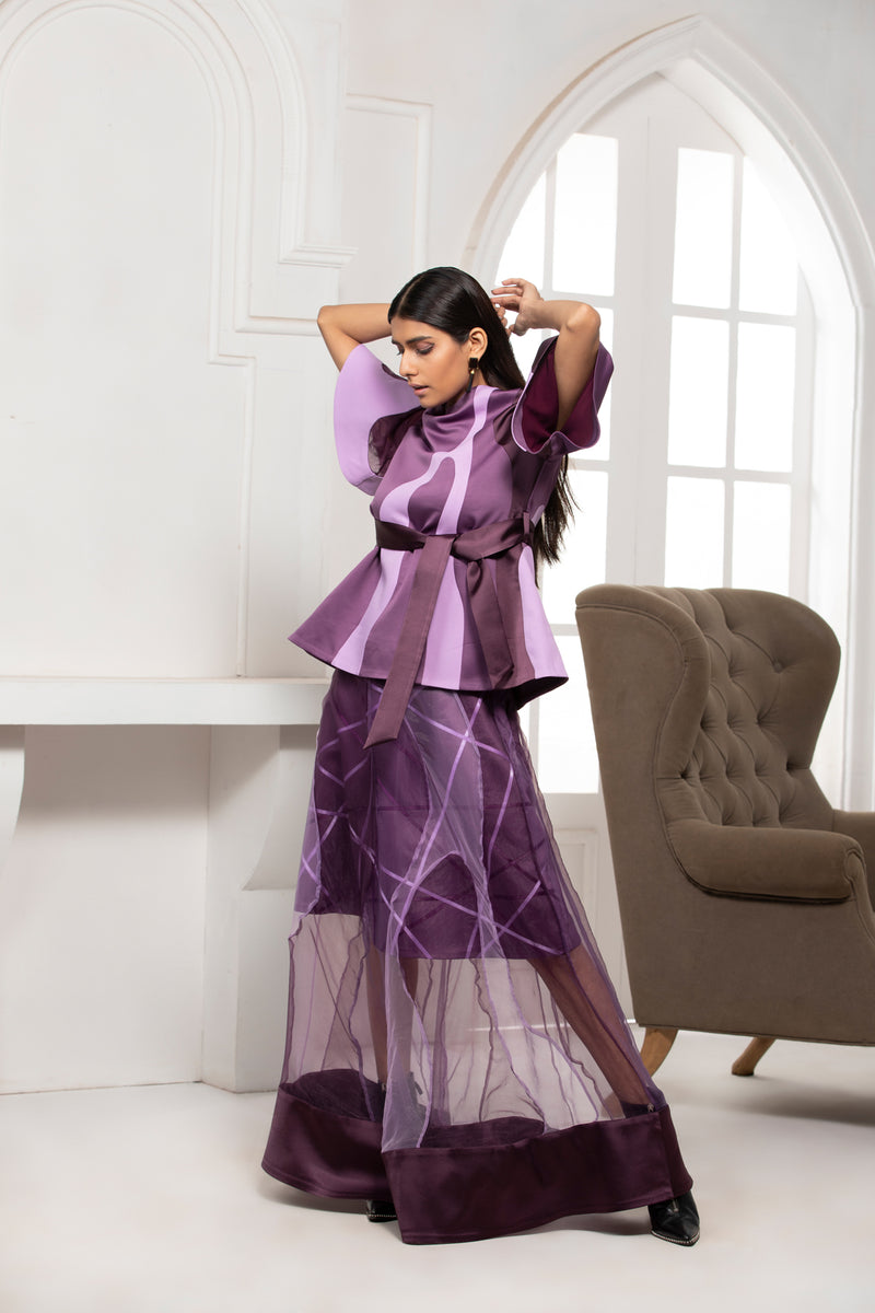 MOVE MONOTONE COLOUR BLOCK TOP WITH SATIN BELT - siddhantagrawal