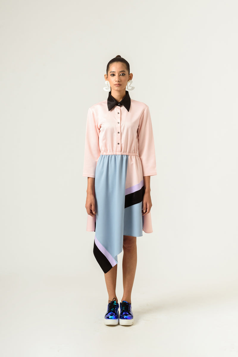 Peach-Blue High Low Fitted Dress - siddhantagrawal