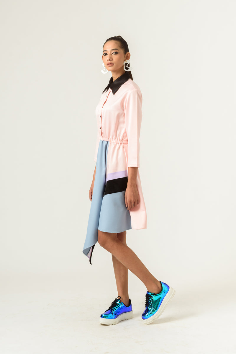 Peach-Blue High Low Fitted Dress - siddhantagrawal