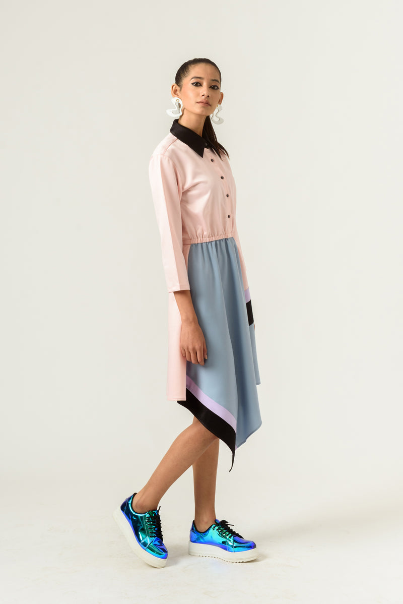 Peach-Blue High Low Fitted Dress - siddhantagrawal