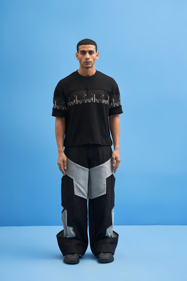 Black Coastline Embroidered T-Shirt - siddhantagrawal