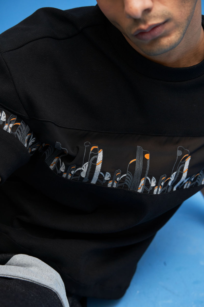 Black Coastline Embroidered T-Shirt - siddhantagrawal