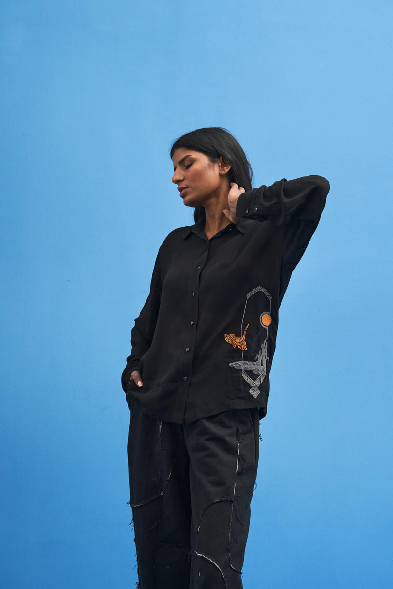 Black Sutairu Hand Embroidered Shirt - siddhantagrawal
