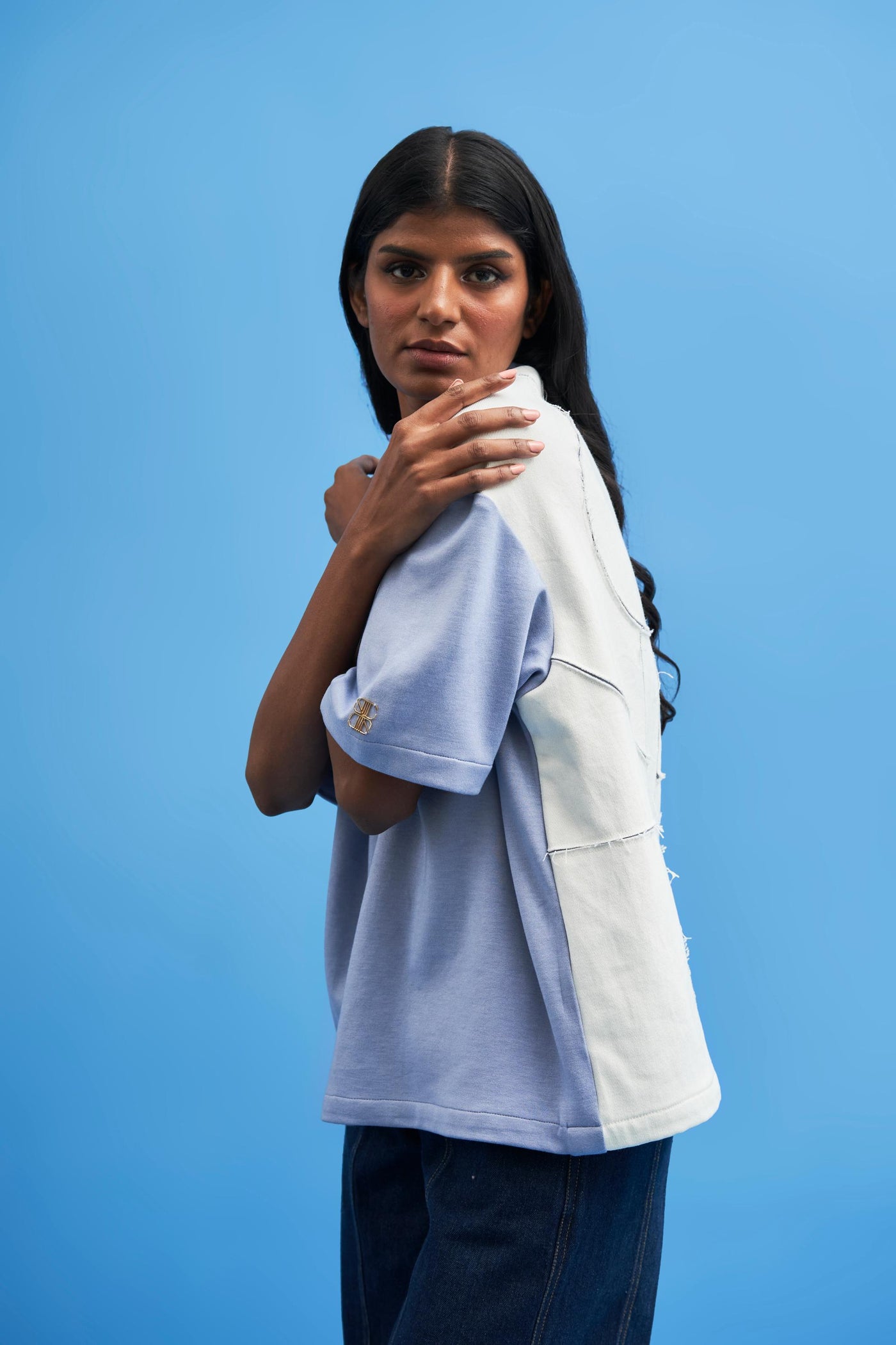 Steel Blue Shoji Patch Work T-Shirt - siddhantagrawal