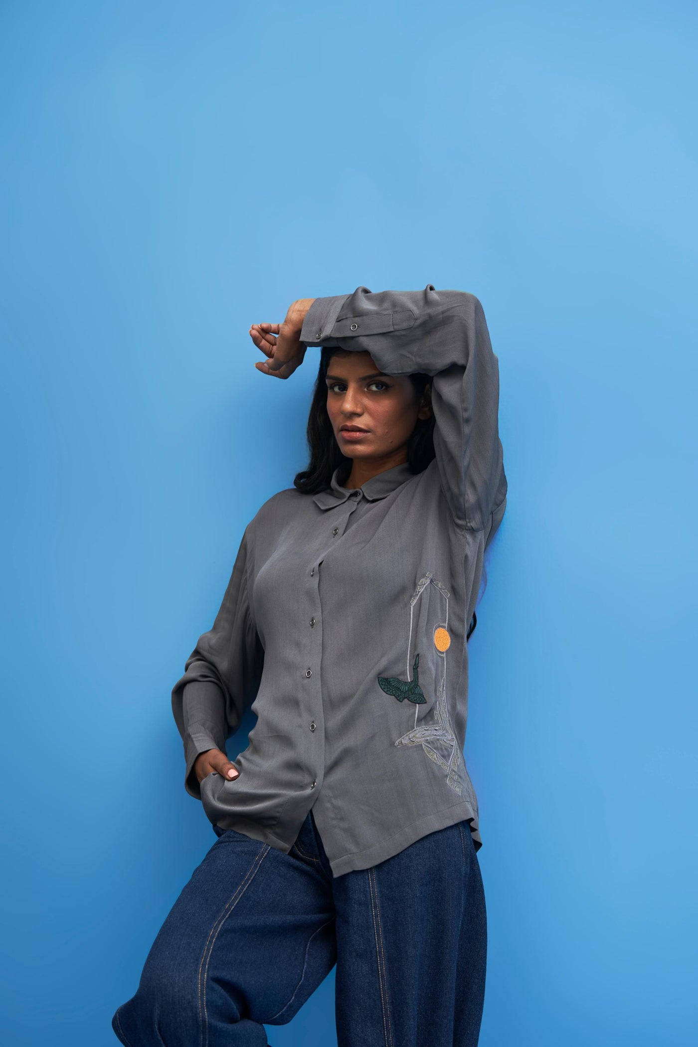 Grey Sutairu Hand Embroidered Shirt - siddhantagrawal