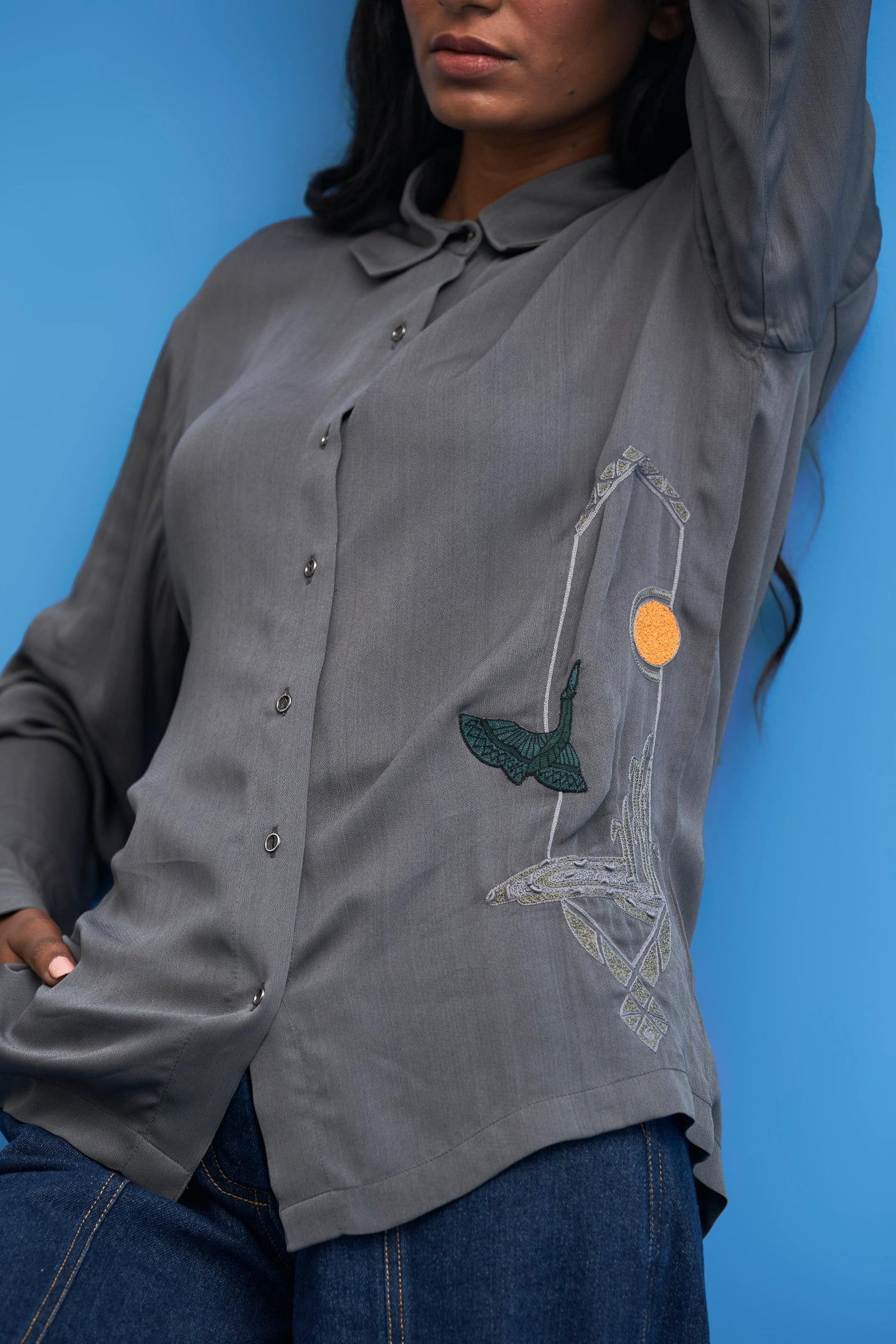 Grey Sutairu Hand Embroidered Shirt - siddhantagrawal