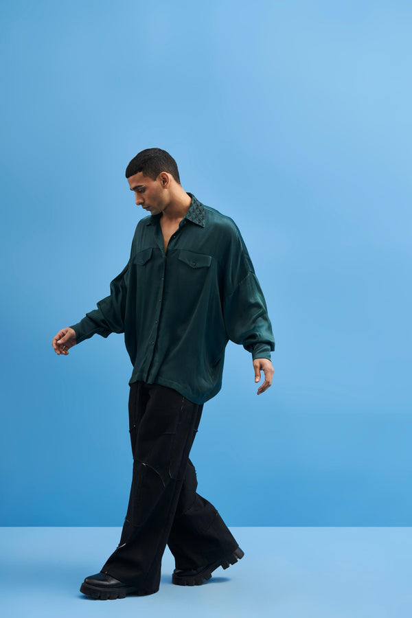 Green Crane-Collared Shirt - siddhantagrawal