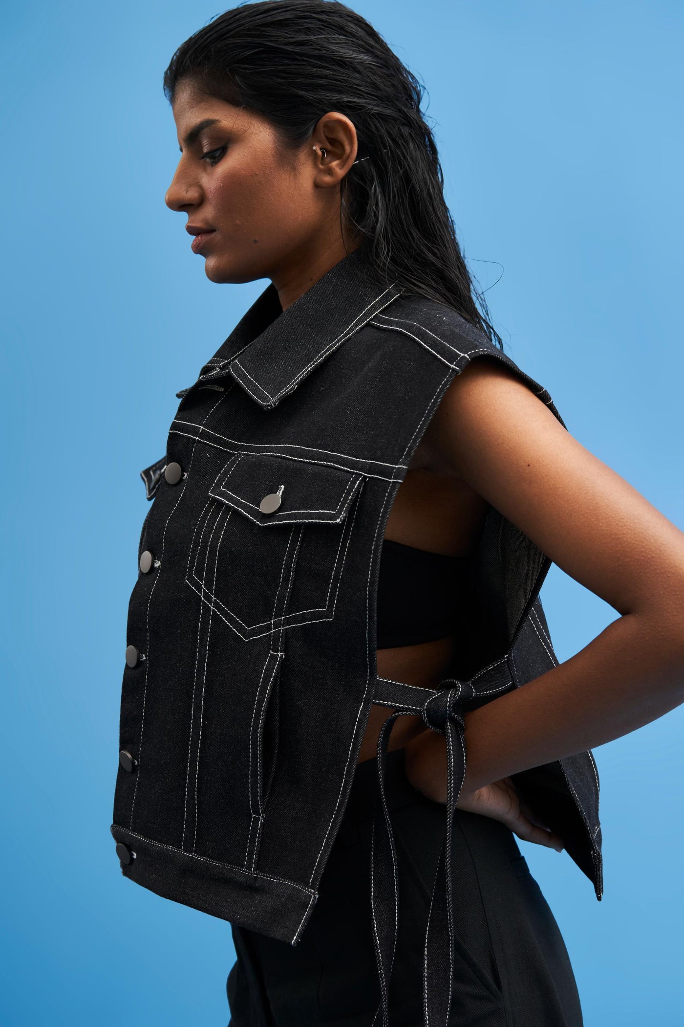 Denim Tie-up Cropped Jacket