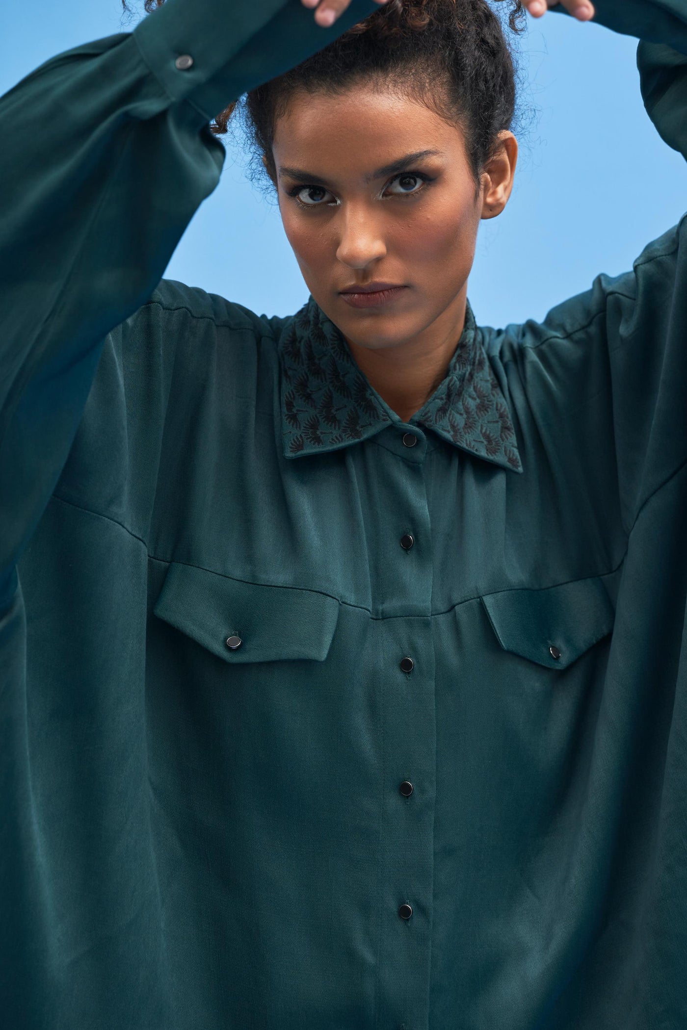 Green Crane-Collared Shirt - siddhantagrawal